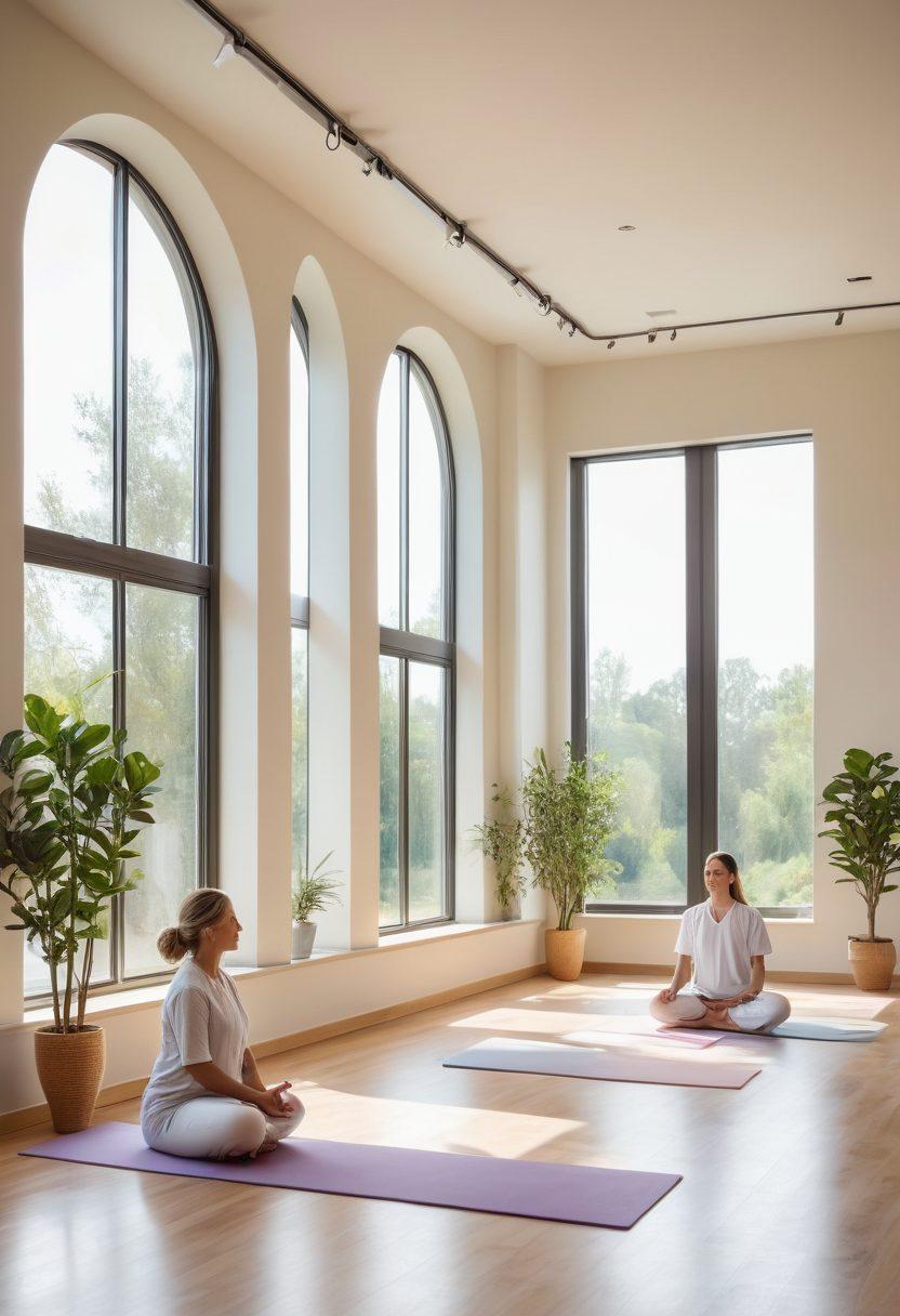A serene and tranquil scene depicting a diverse group of individuals in a modern clinic, engaging in activities promoting well-being, such as meditation, group therapy, and discussing with healthcare professionals. Soft natural lighting pours in through large windows, highlighting elements representing modern medicine like advanced technology, holistic treatments, and supportive environments. The atmosphere should convey a sense of happiness, hope, and connection. pastel colors. super-realistic. airy composition.