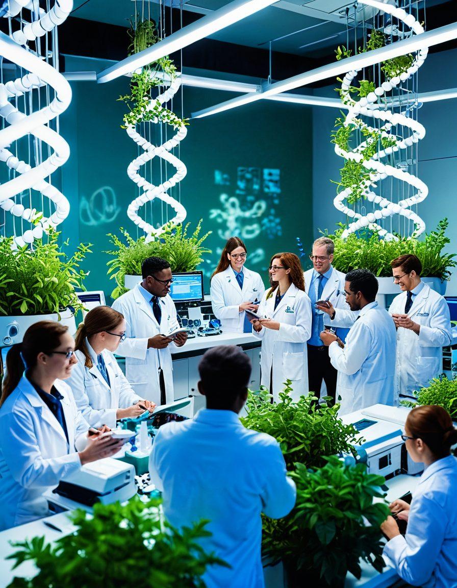 A vibrant laboratory scene showcasing scientists in white coats passionately working on biopharmaceuticals, with bright green plants symbolizing nature and recovery. Include a glowing double helix structure in the background, representing biotechnology's impact on joyful living. Add cheerful individuals celebrating health and happiness in the foreground, surrounded by pills and medical equipment. super-realistic. vibrant colors. 3D.